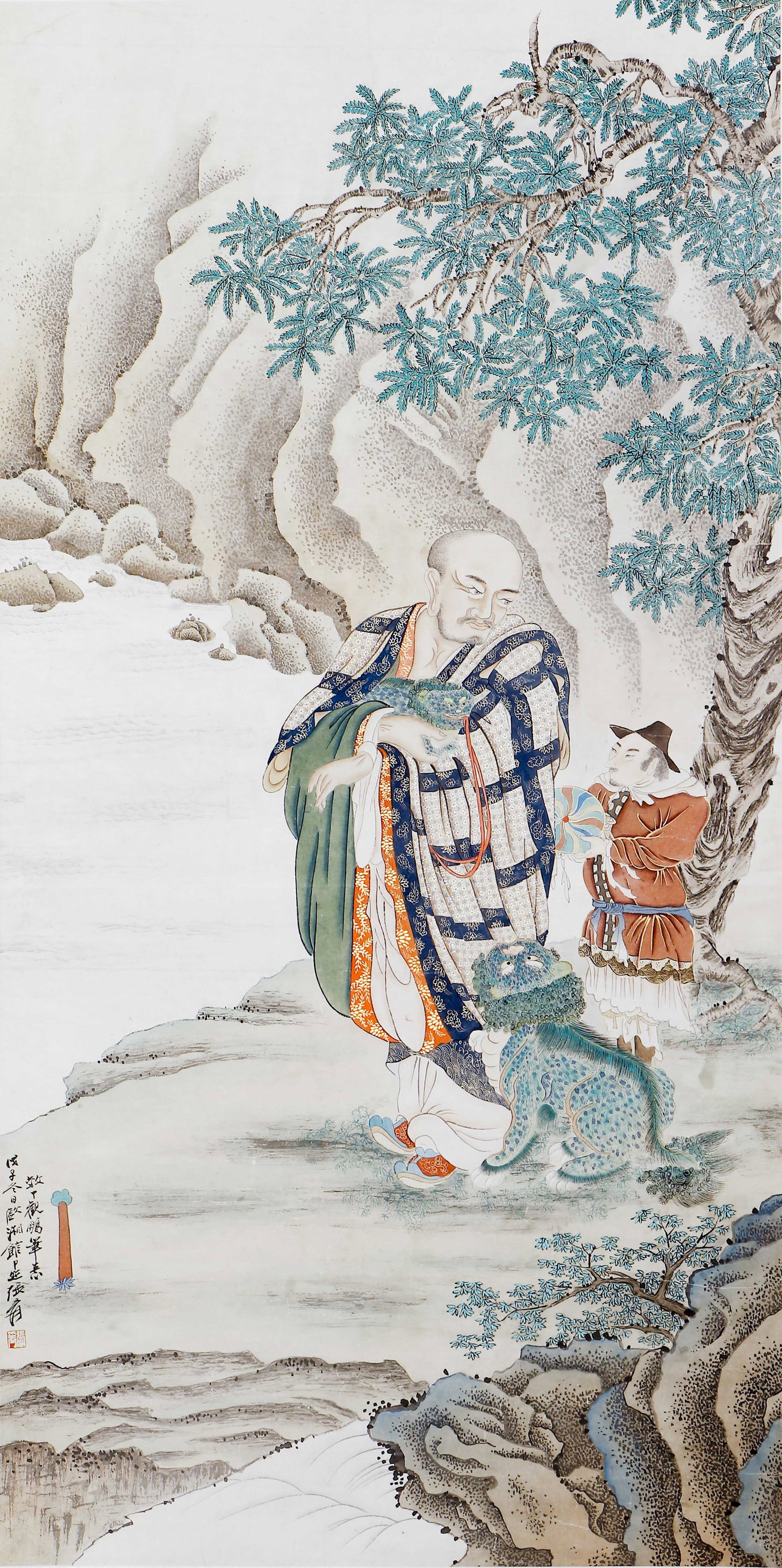 A CHINESE PAINTING OF LUOHAN, SIGNED ZHANG DAQIAN: A CHINESE PAINTING OF LUOHAN, SIGNED ZHANG DAQIAN Ink and colour on paper, hanging scroll. This refined work depicts a seated luohan (arhat) with attendants and mythical beasts, a classic Buddhist