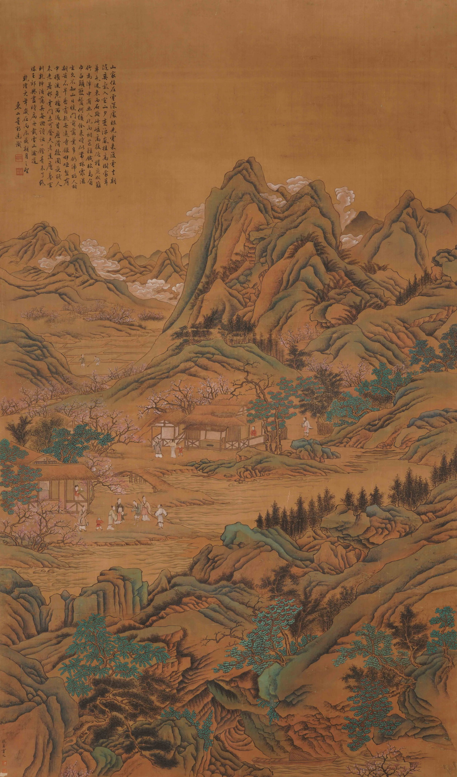 A CHINESE LANDSCAPE WITH FIGURES, SIGNED QIU YING: A CHINESE LANDSCAPE WITH FIGURES, SIGNED QIU YING Ink and colour on silk, hanging scroll. This exquisite work depicts a serene mountain landscape with scholars and villagers gathered in a waterside