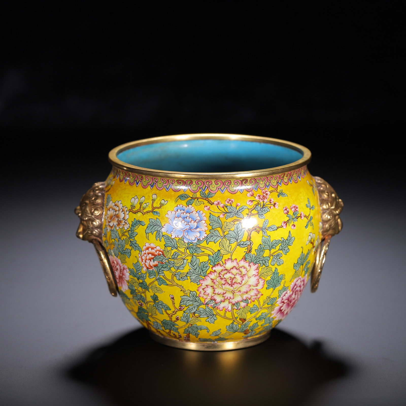 Chinese Gilt Bronze Cloisonne Jar with Lion Handles: Chinese Gilt Bronze Cloisonne Jar with Lion Handles This exquisite gilt bronze cloisonne jar measures 12.5 cm in length, 10 cm in width, 8.5 cm in height, and weighs 320 grams. The body is adorned wit