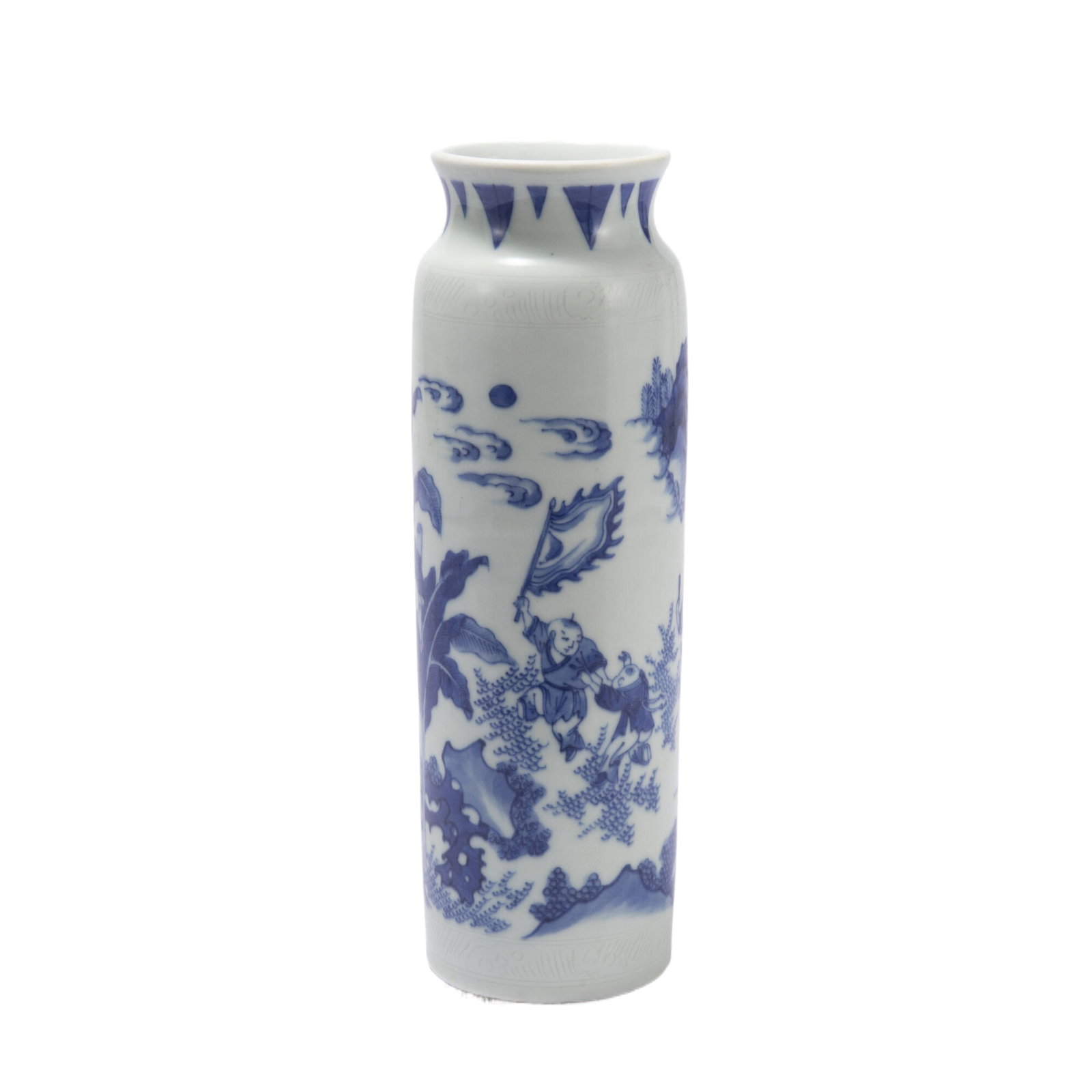 A BLUE AND WHITE PORCELAIN SLEEVE VASE: A BLUE AND WHITE PORCELAIN SLEEVE VASE The slender high-shouldered body decorated with figural story in fine strokes. Dimension: L. 7.5 cm. H. 7.5 cm. H. 32.5 cm. Weight 400 grams.