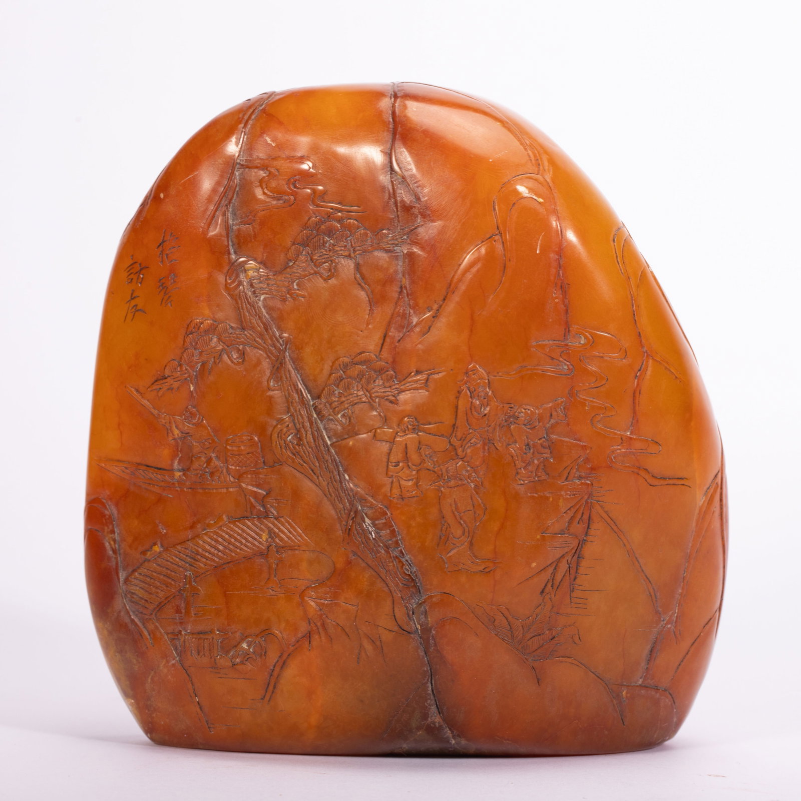 Chinese Tianhuang Stone Seal with Landscape Carving: Chinese Tianhuang Stone Seal with Landscape Carving This fine Tianhuang stone seal measures 13 cm in length, 6 cm in width, 13 cm in height, and weighs 1590 grams. Crafted from richly hued,