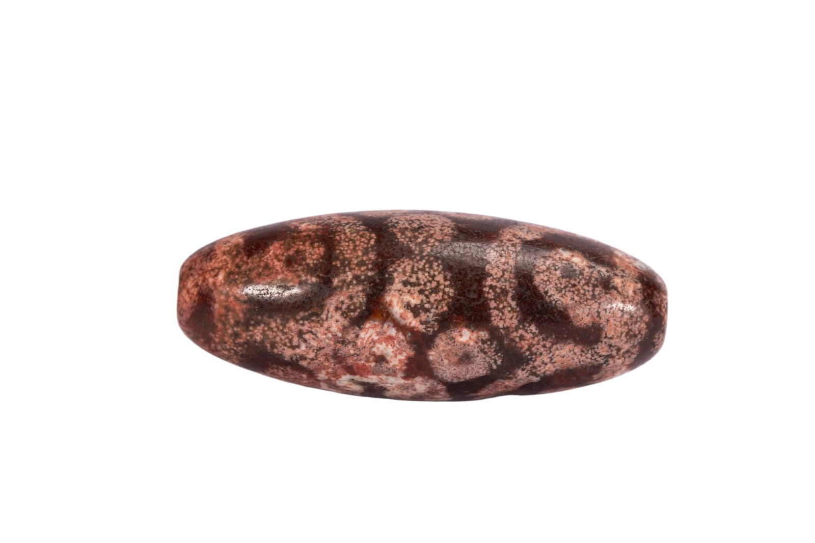 Chinese Patterned Dzi Bead: Chinese Patterned Dzi Bead This striking dzi bead measures 5.5 cm in length and weighs 30 grams. The elongated stone bead displays a rich reddish-brown base, adorned with natural, speckled white and t