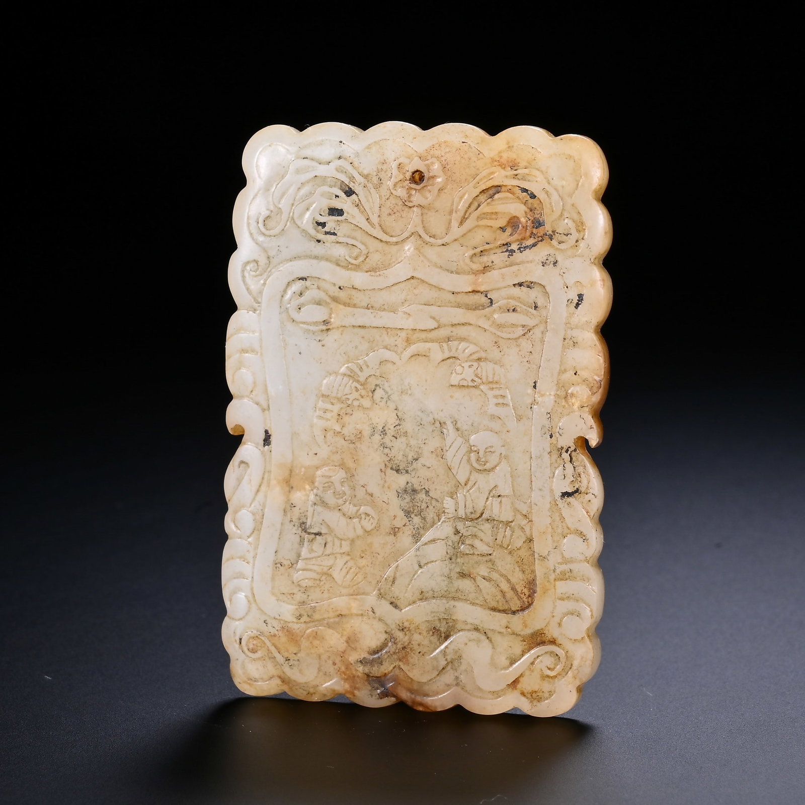 Chinese Hetian White Jade 'Boys at Play' Pendant Plaque: Chinese Hetian White Jade 'Boys at Play' Pendant Plaque This Hetian white jade pendant plaque measures 6.5 cm in length and 4.3 cm in width. The pale, creamy jade with natural russet inclusions and