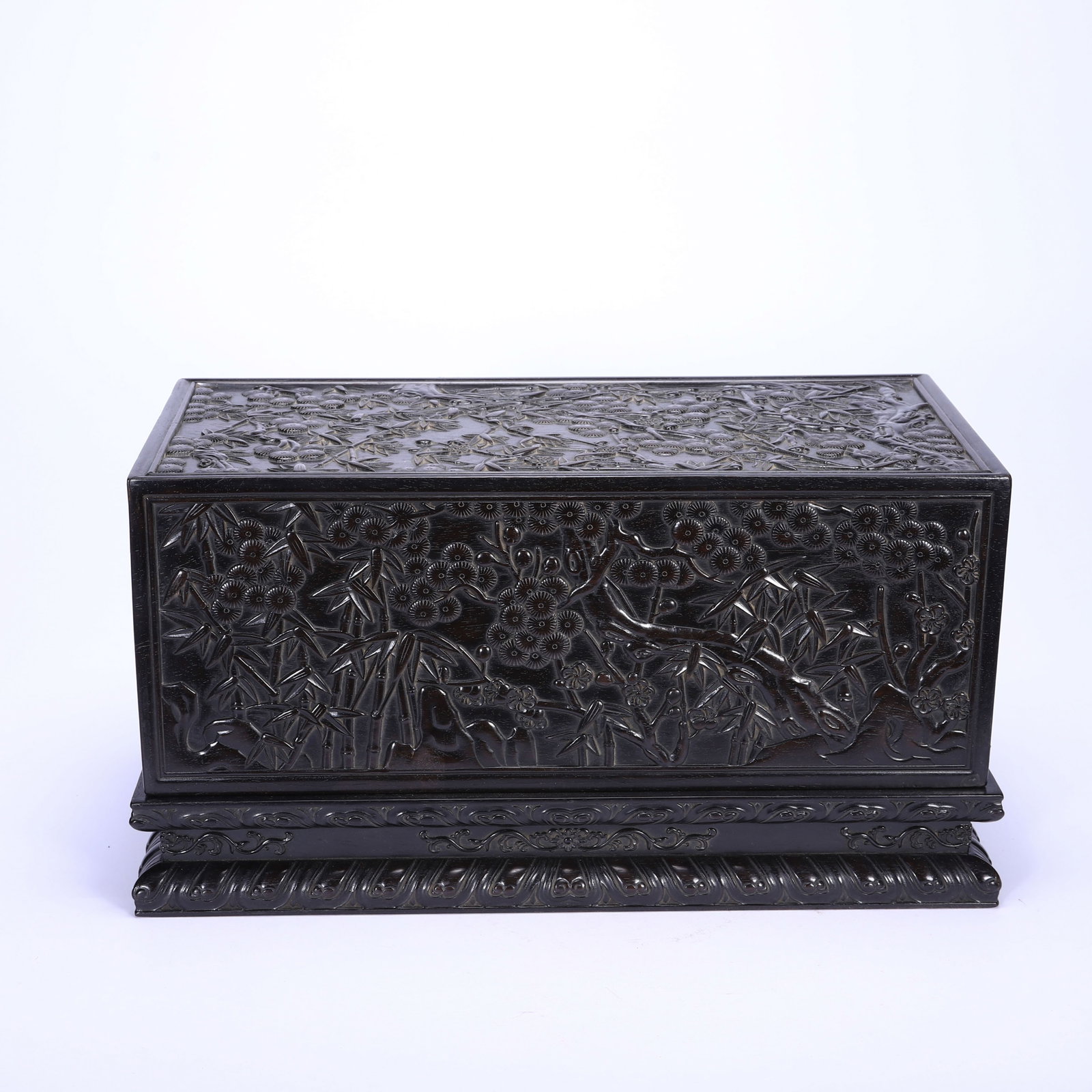 Chinese Zitan Wood 'Four Gentlemen' Carved Box: Chinese Zitan Wood 'Four Gentlemen' Carved Box This rectangular zitan wood box measures 33 cm in length, 16 cm in width, 17 cm in height, and weighs 2550 grams. Crafted from dense, dark zitan wood, it