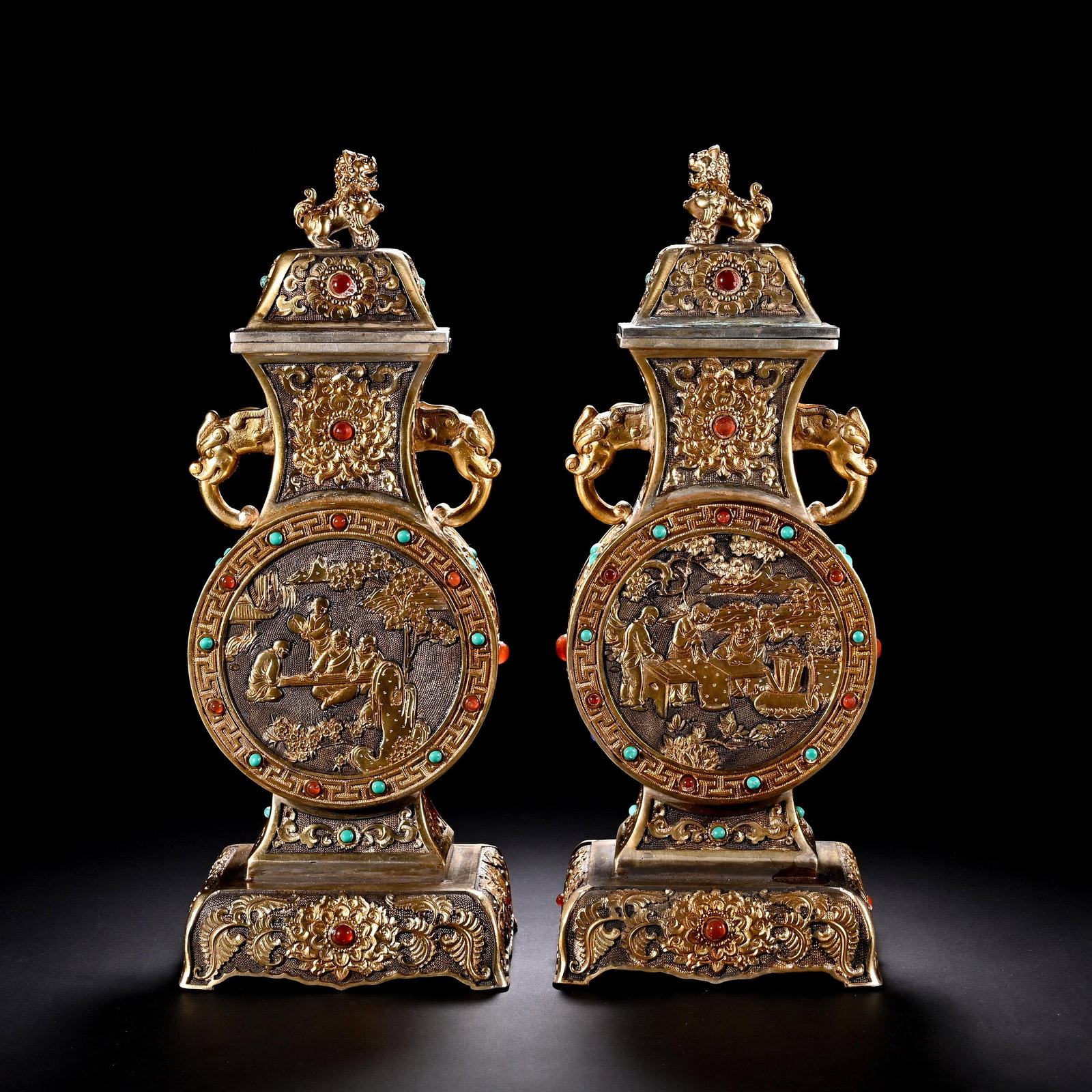 Pair of Chinese Gilt Silvered Copper Vases with Inlaid Gems (1 of 9)