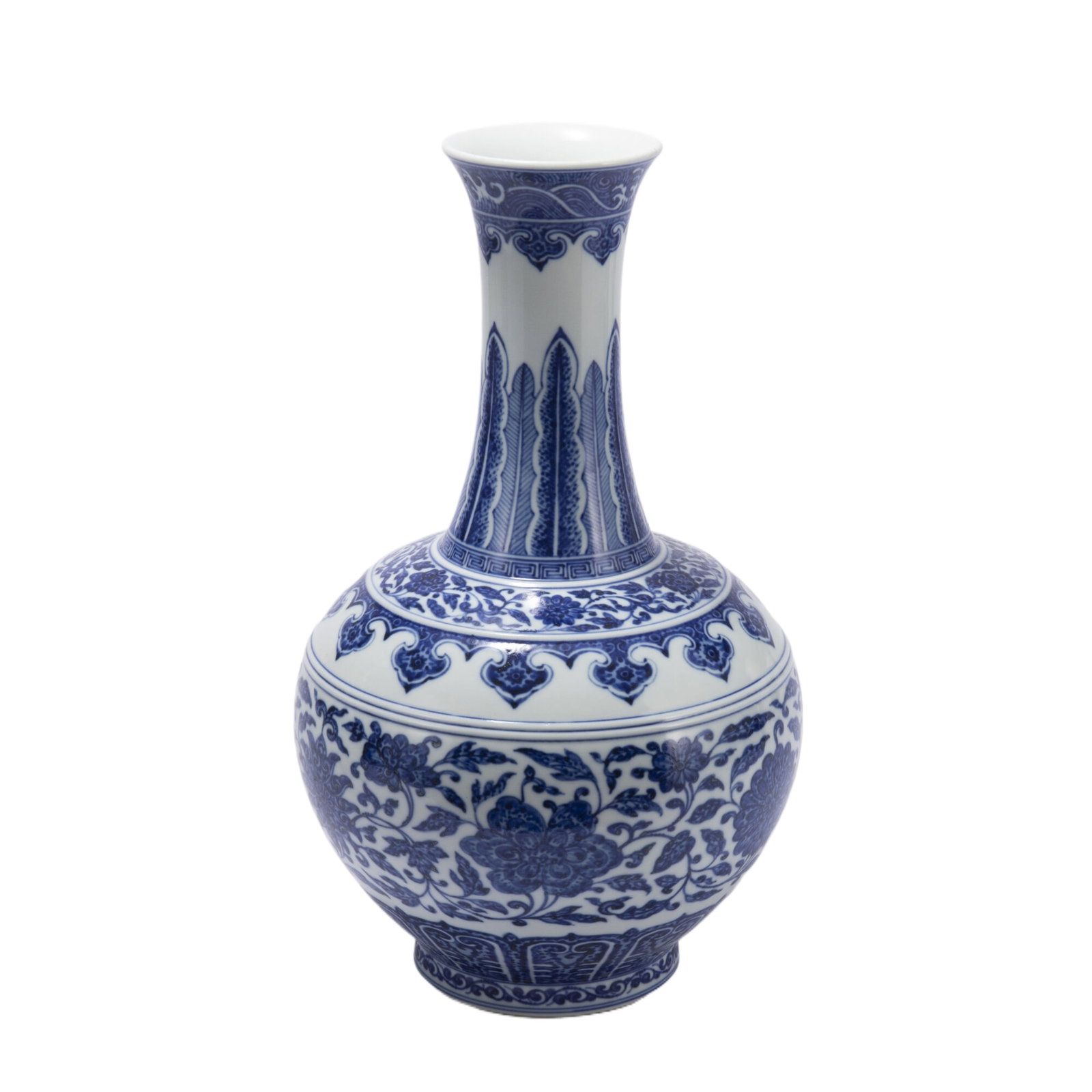 A CHINESE BLUE AND WHITE PORCELAIN VIEWS VASE: A CHINESE BLUE AND WHITE PORCELAIN VIEWS VASE with flaring necks, decorated with floral scrolls divided around the shoulder by a band of ruyi lappet, all within lotus and ruyi lappet borders. Dimensio