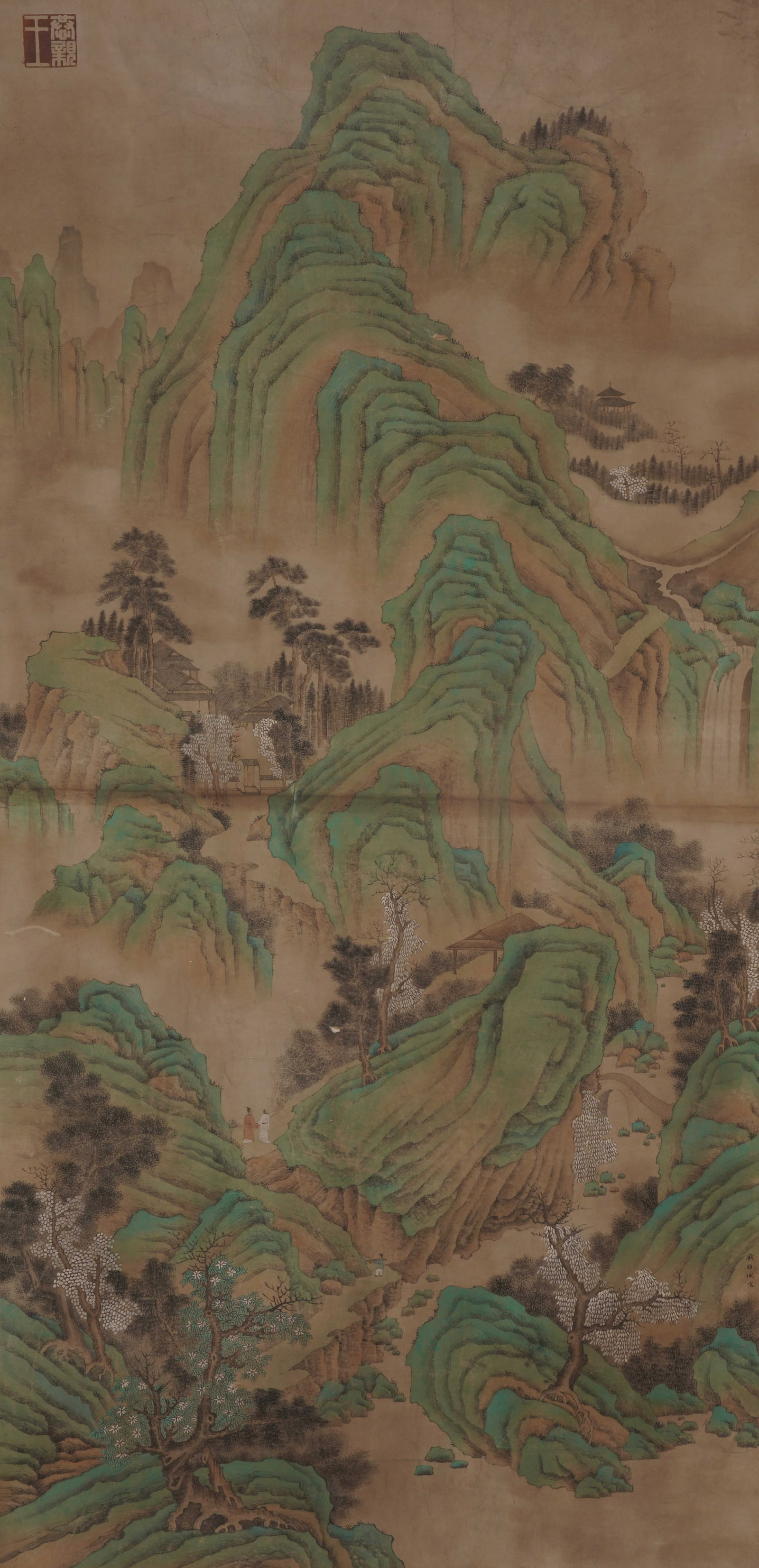 A CHINESE GREEN LANDSCAPE PAINTING, ANONYMOUS: A CHINESE GREEN LANDSCAPE PAINTING, ANONYMOUS Ink and colour on silk, hanging scroll. This exquisite anonymous work depicts a serene mountain landscape in the traditional "blue-and-green? style.