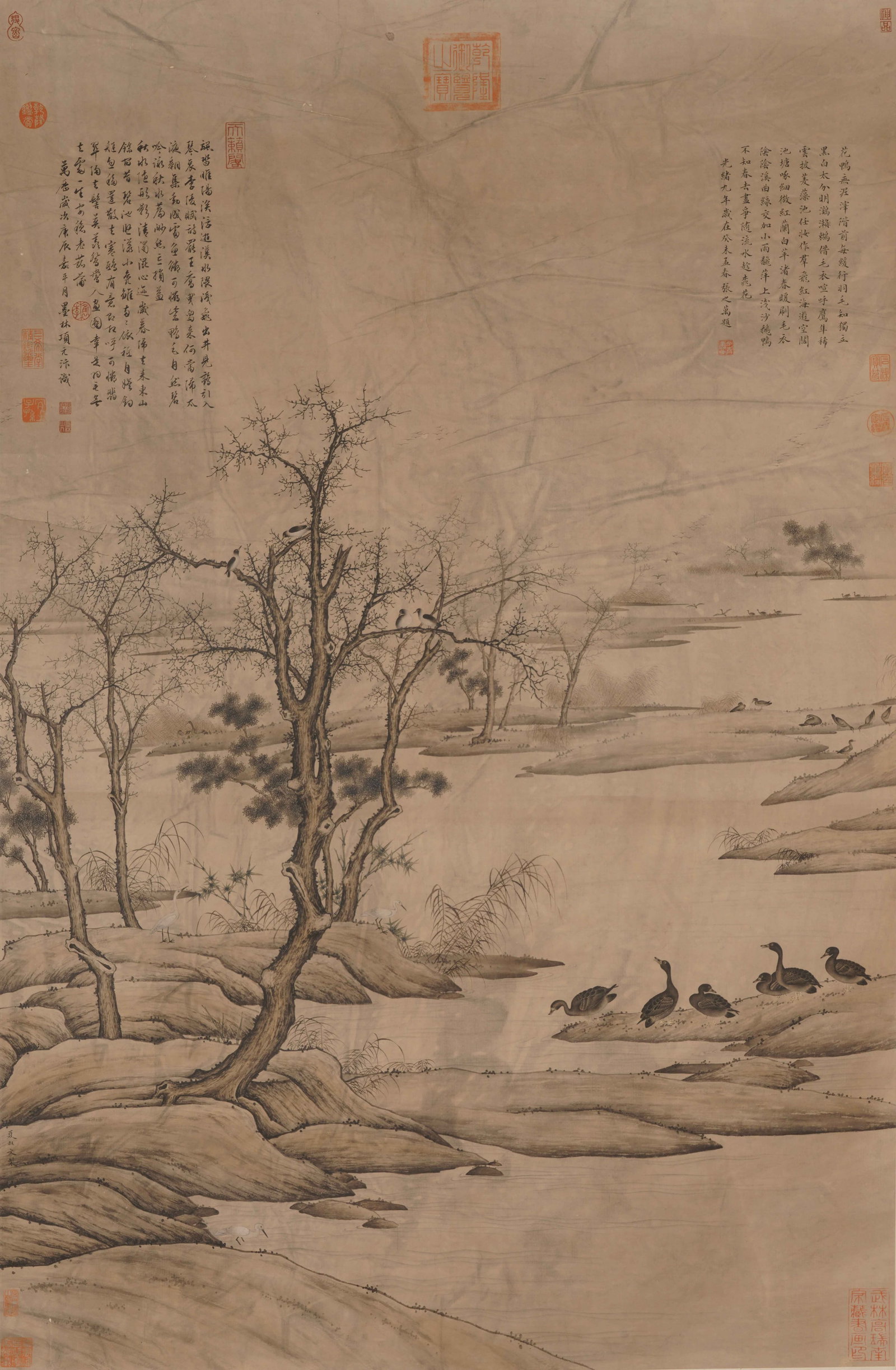 A CHINESE LANDSCAPE WITH WATERFOWL, SIGNED XIA SHUWEN: A CHINESE LANDSCAPE WITH WATERFOWL, SIGNED XIA SHUWEN Ink on silk, hanging scroll. This serene monochromatic work depicts a tranquil winter wetland, with bare trees, reeds, and waterfowl?including duc