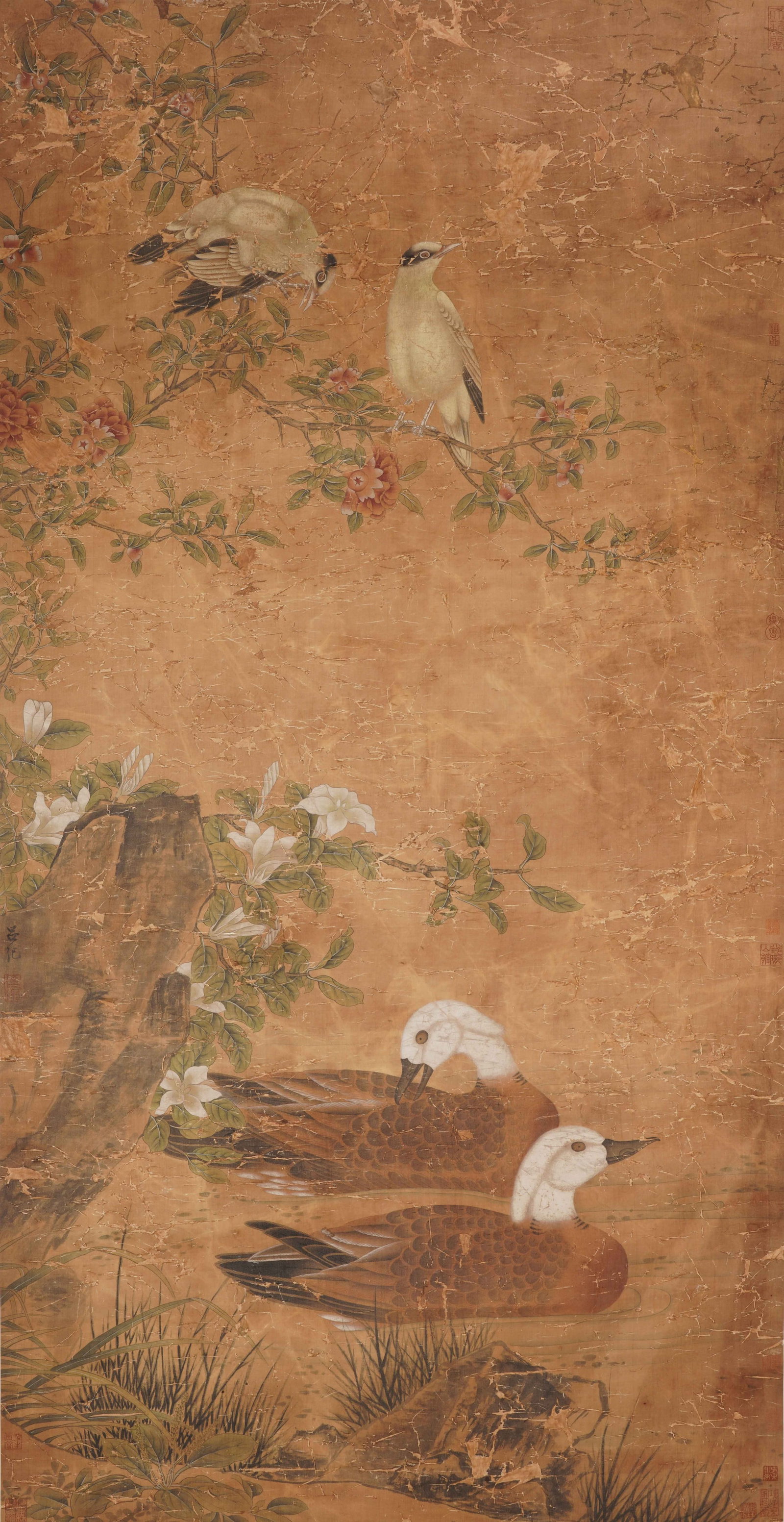 A CHINESE BIRD-AND-FLOWER PAINTING, SIGNED L? JI: A CHINESE BIRD-AND-FLOWER PAINTING, SIGNED L? JI Ink and colour on silk, hanging scroll. This exquisite work depicts a serene natural scene with two waterfowl swimming among reeds and rocks, while son