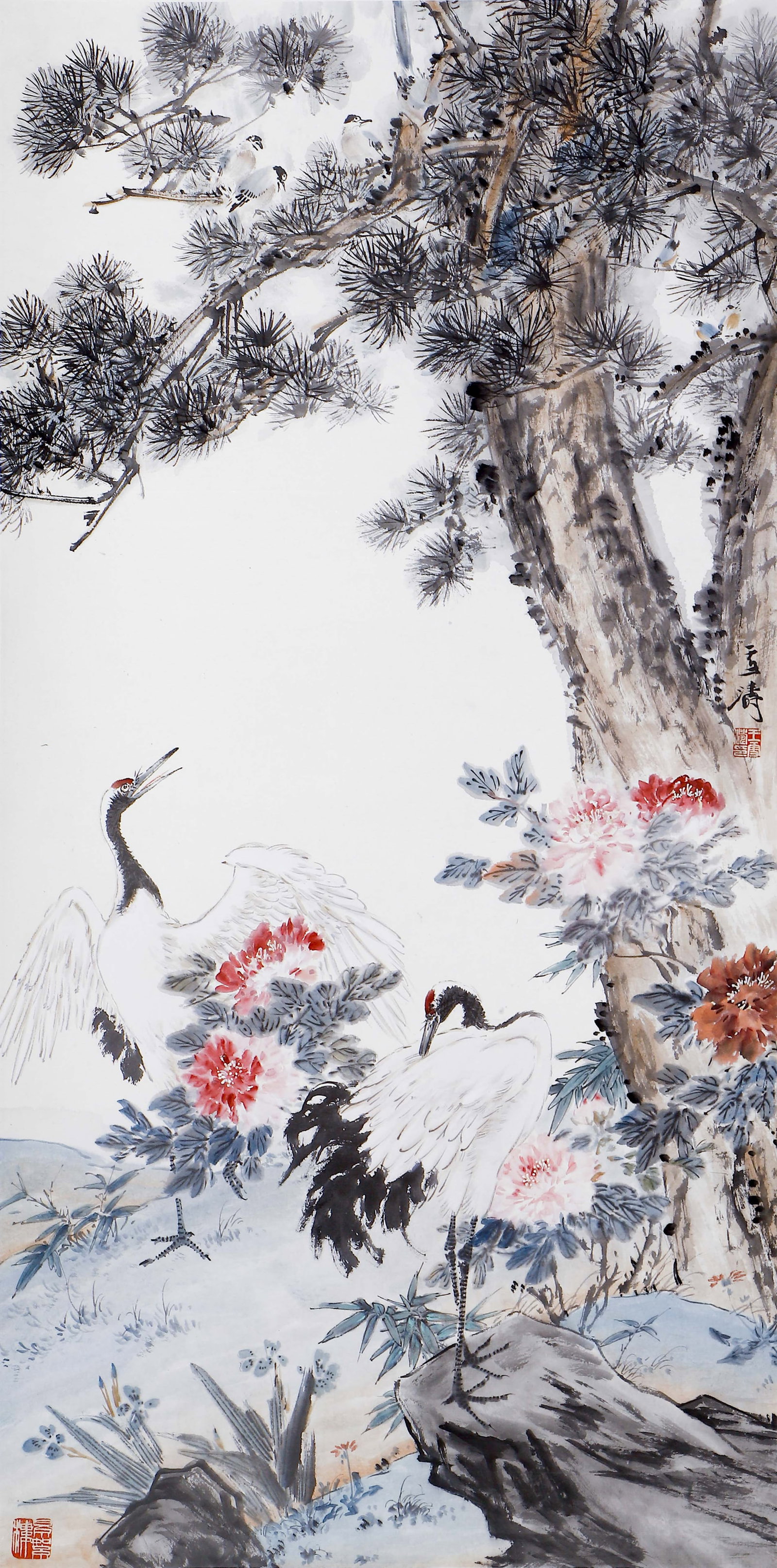 A CHINESE PAINTING OF PINE AND CRANES, SIGNED WANG XUETAO: A CHINESE PAINTING OF PINE AND CRANES, SIGNED WANG XUETAO Ink and colour on paper, hanging scroll. This auspicious work features red-crowned cranes, pine trees, and peonies?traditional symbols of long