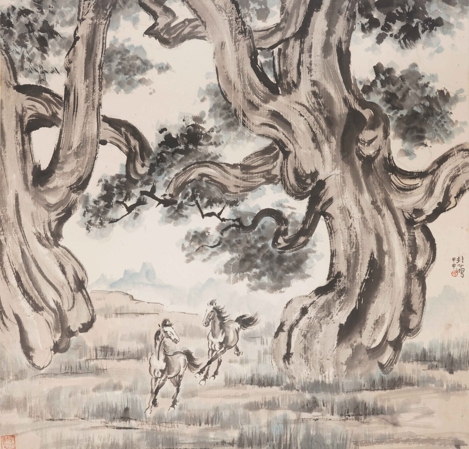 A CHINESE PAINTING OF TWO HORSES, SIGNED XU BEIHONG: A CHINESE PAINTING OF TWO HORSES, SIGNED XU BEIHONG Ink and light colour on paper, framed painting. This dynamic work exemplifies Xu Beihong's iconic equine subject, depicting two spirited horses gall