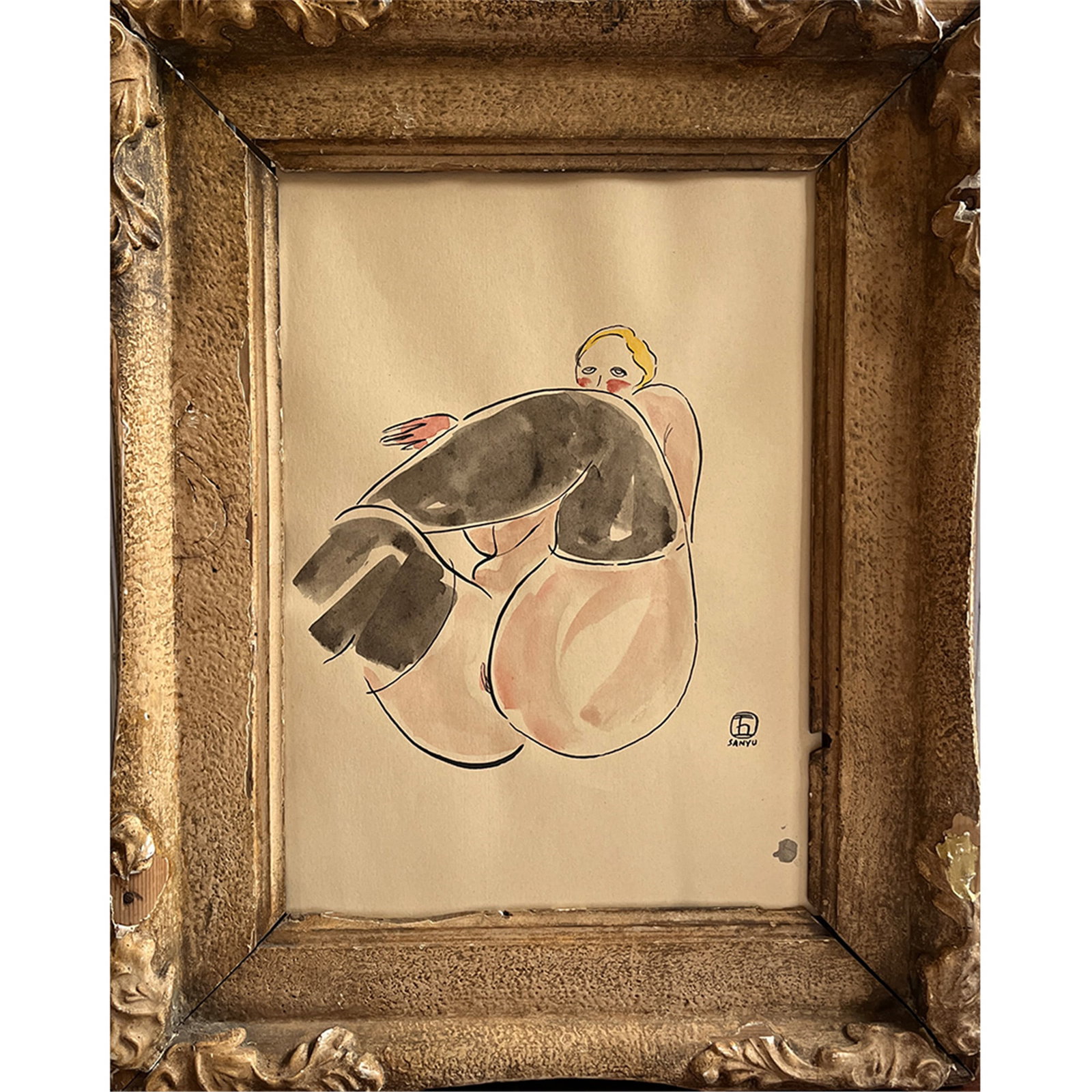 LIFTING UP A LEG SIGNED SANYU: LIFTING UP A LEG SIGNED SANYU Signed in Chinese; signed 'SANYU' in French (lower right)ink and watercolour on paper. During his study in Paris, Sanyu was deeply influenced by the School of Paris,