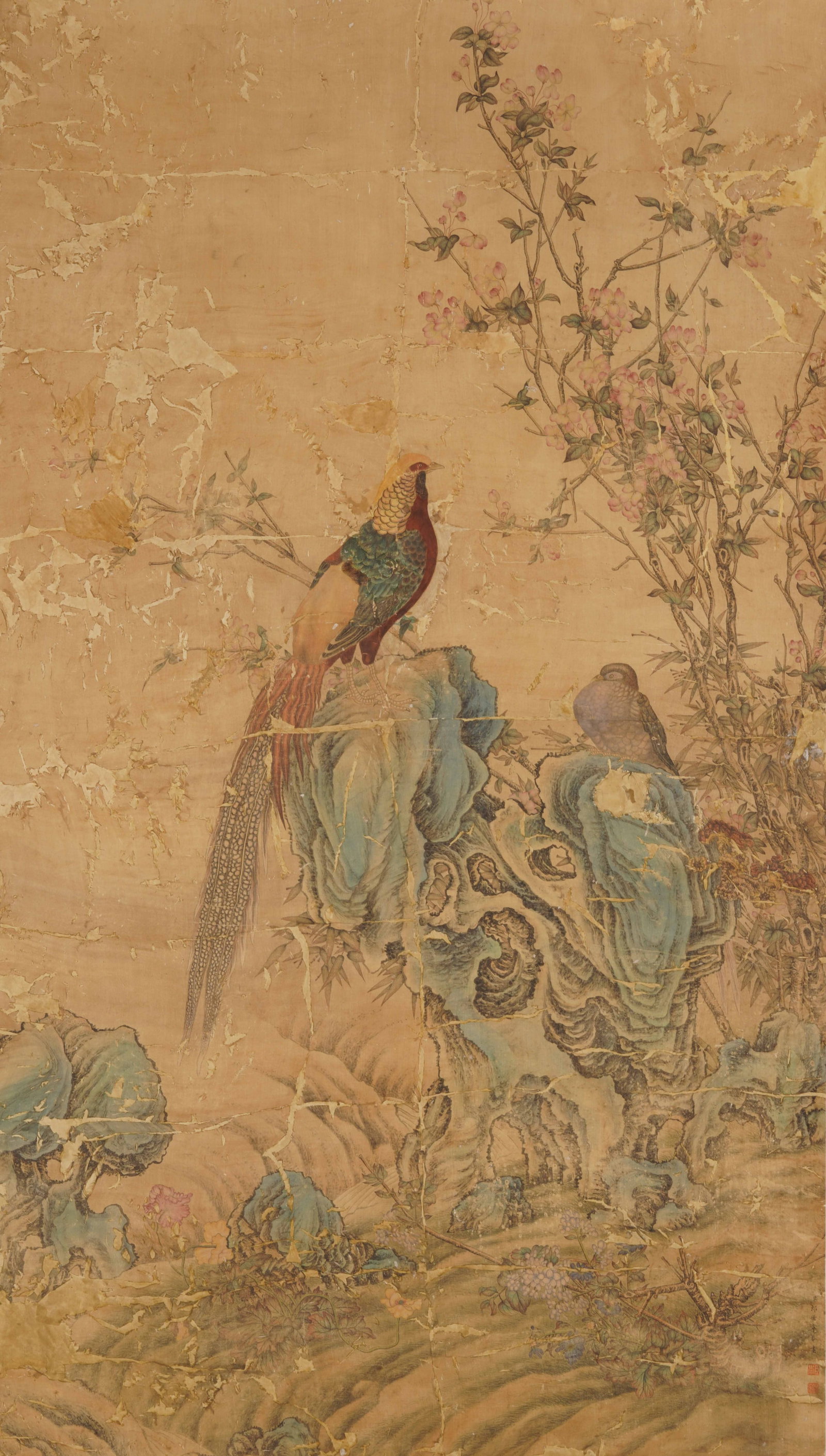 A CHINESE BIRD-AND-FLOWER PAINTING, SIGNED GIUSEPPE CASTIGLIONE (LANG SHINING): A CHINESE BIRD-AND-FLOWER PAINTING, SIGNED GIUSEPPE CASTIGLIONE (LANG SHINING) Ink and colour on silk, hanging scroll. This work exemplifies Lang Shining's signature blend of Western realism and