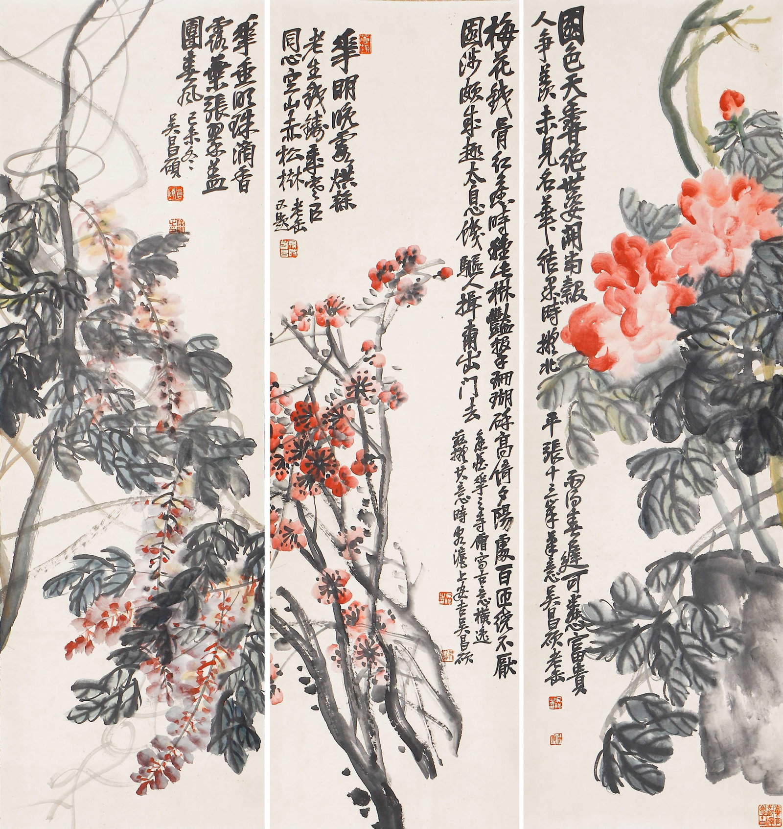 A SET OF THREE CHINESE FLOWER PAINTINGS, SIGNED WU CHANGSHUO: A SET OF THREE CHINESE FLOWER PAINTINGS, SIGNED WU CHANGSHUO Ink and colour on paper, three hanging scrolls. This triptych showcases Wu Changshuo's iconic bold style, featuring wisteria, plum