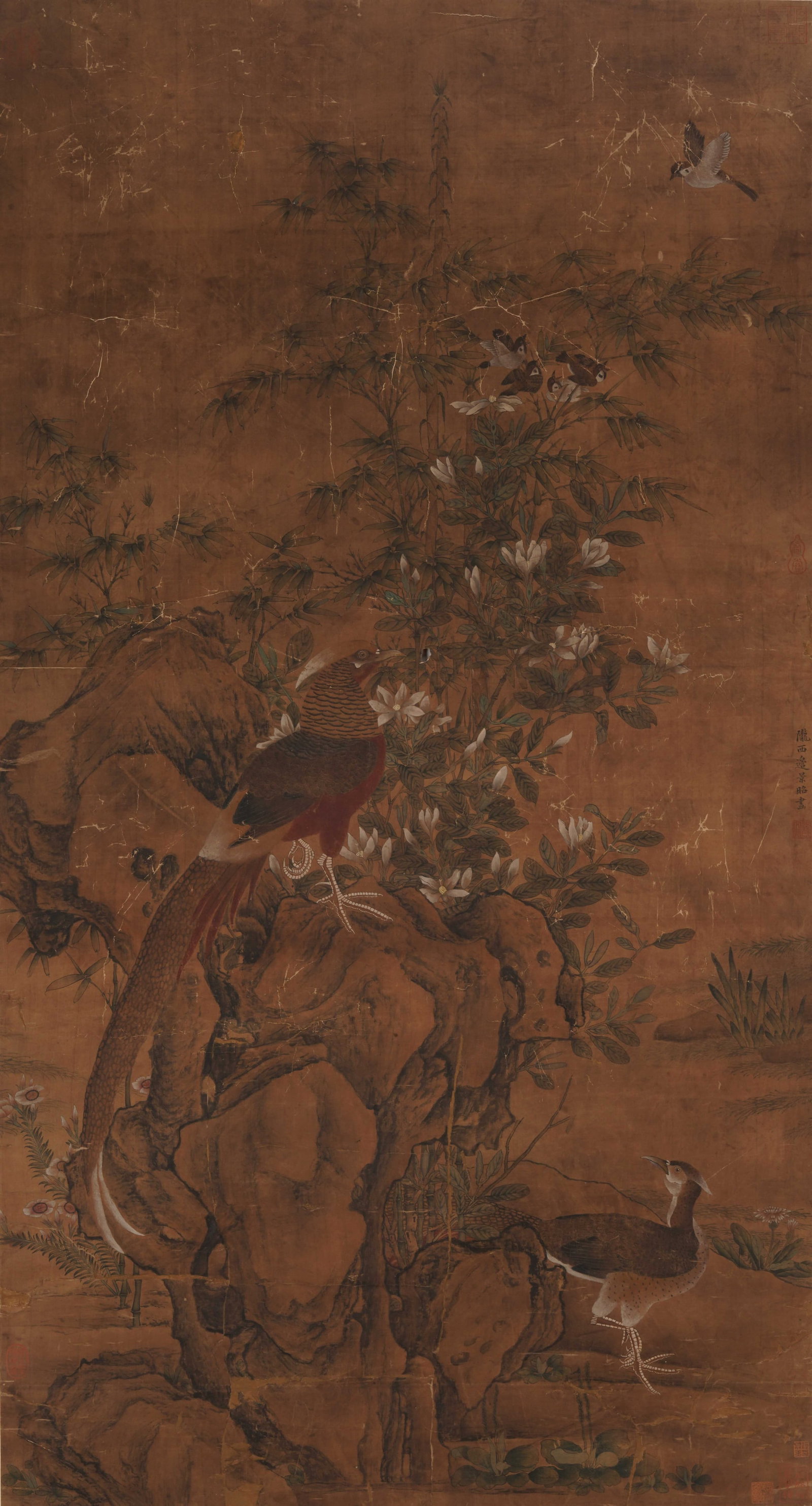 A CHINESE BIRD-AND-FLOWER PAINTING, SIGNED BIAN JINGZHAO: A CHINESE BIRD-AND-FLOWER PAINTING, SIGNED BIAN JINGZHAO Ink and colour on silk, hanging scroll. This exquisite work exemplifies Bian Jingzhao's classical bird-and-flower style, depicting a golden