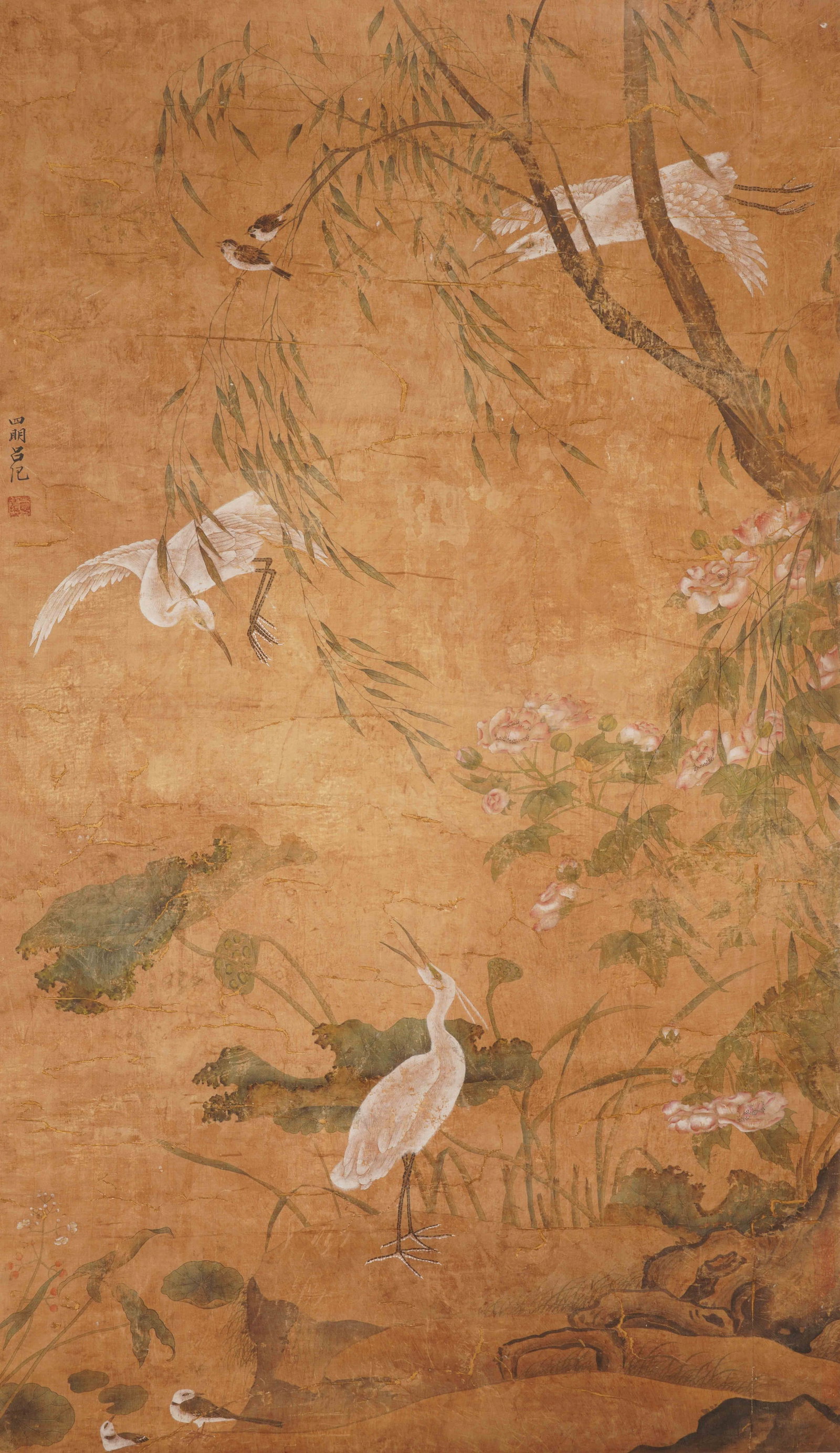 A CHINESE BIRD-AND-FLOWER PAINTING, SIGNED L? JI: A CHINESE BIRD-AND-FLOWER PAINTING, SIGNED L? JI Ink and colour on silk, hanging scroll. This fine work depicts a lively scene with egrets, sparrows, willow branches, and blooming lotus and hibiscus.