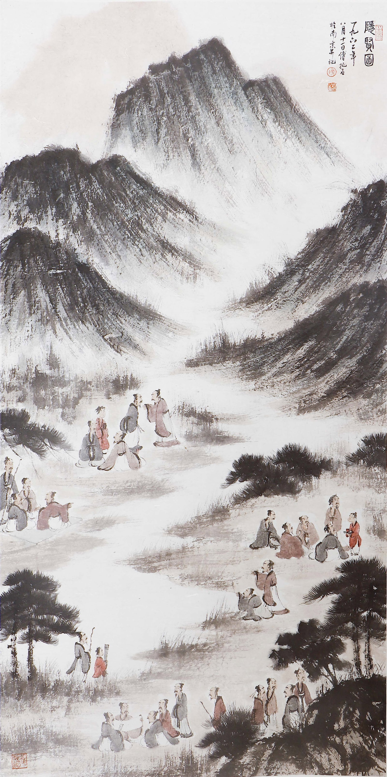 A CHINESE PAINTING OF SCHOLARS IN LANDSCAPE, SIGNED FU BAOSHI: A CHINESE PAINTING OF SCHOLARS IN LANDSCAPE, SIGNED FU BAOSHI Ink and colour on paper, hanging scroll. Titled The Gathering of Sages, this work was executed in 1962 in Nanjing. It features Fu