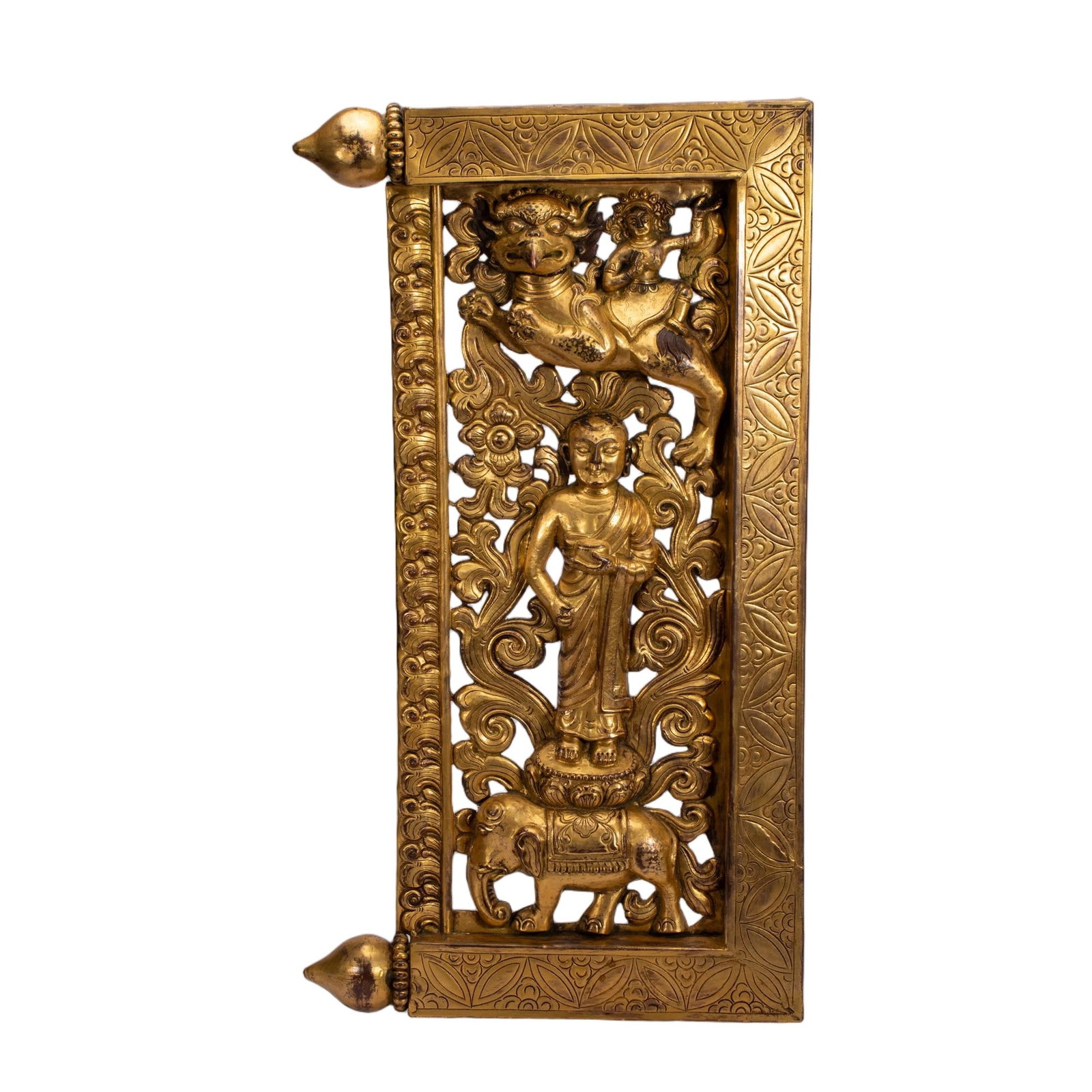 Chinese Gilt Bronze Buddhist Openwork Panel: Chinese Gilt Bronze Buddhist Openwork Panel This magnificent gilt bronze Buddhist openwork panel measures 51.5 cm in length, 28 cm in width, and weighs 1790 grams. The rectangular form features intric
