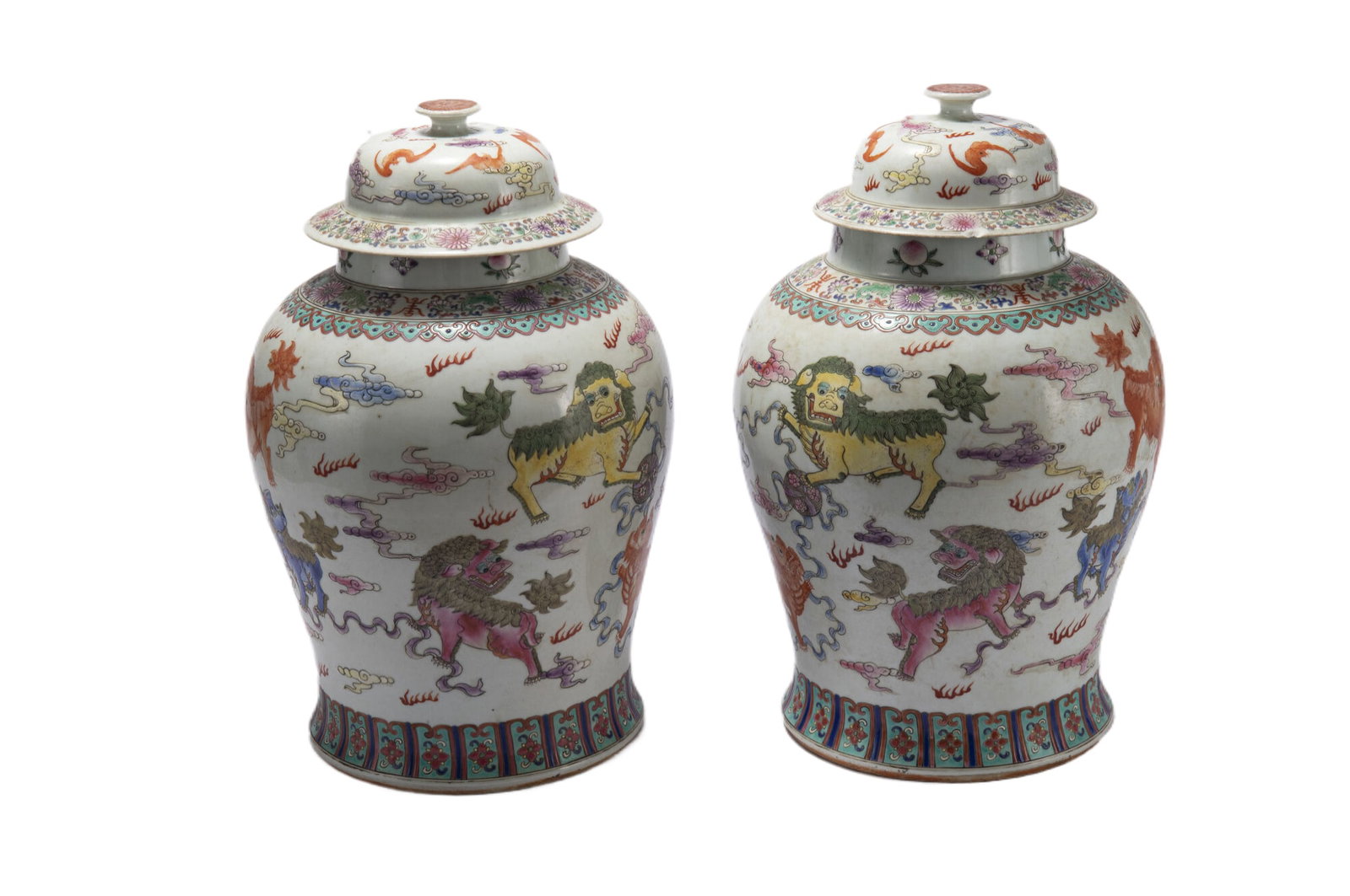 PAIR OF FAMILLE ROSE MYTHICAL BEASTS GARNITURES (1 of 9)