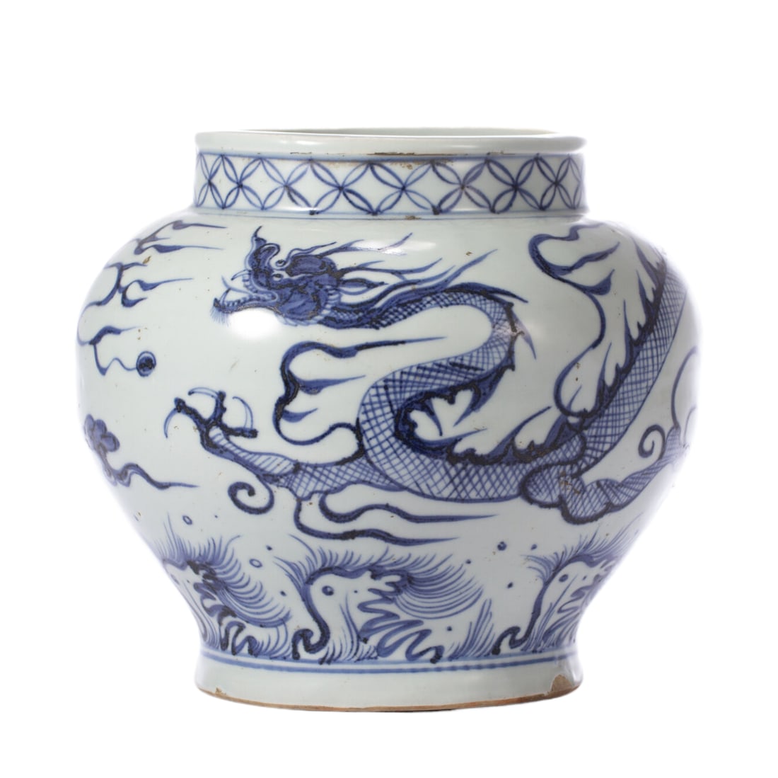Chinese Blue and White Dragon Jar: Chinese Blue and White Dragon Jar A robust porcelain jar painted in rich cobalt blue on a bright white ground. The bulbous body features a dynamic, coiling five-clawed dragon chasing a flaming pearl, 