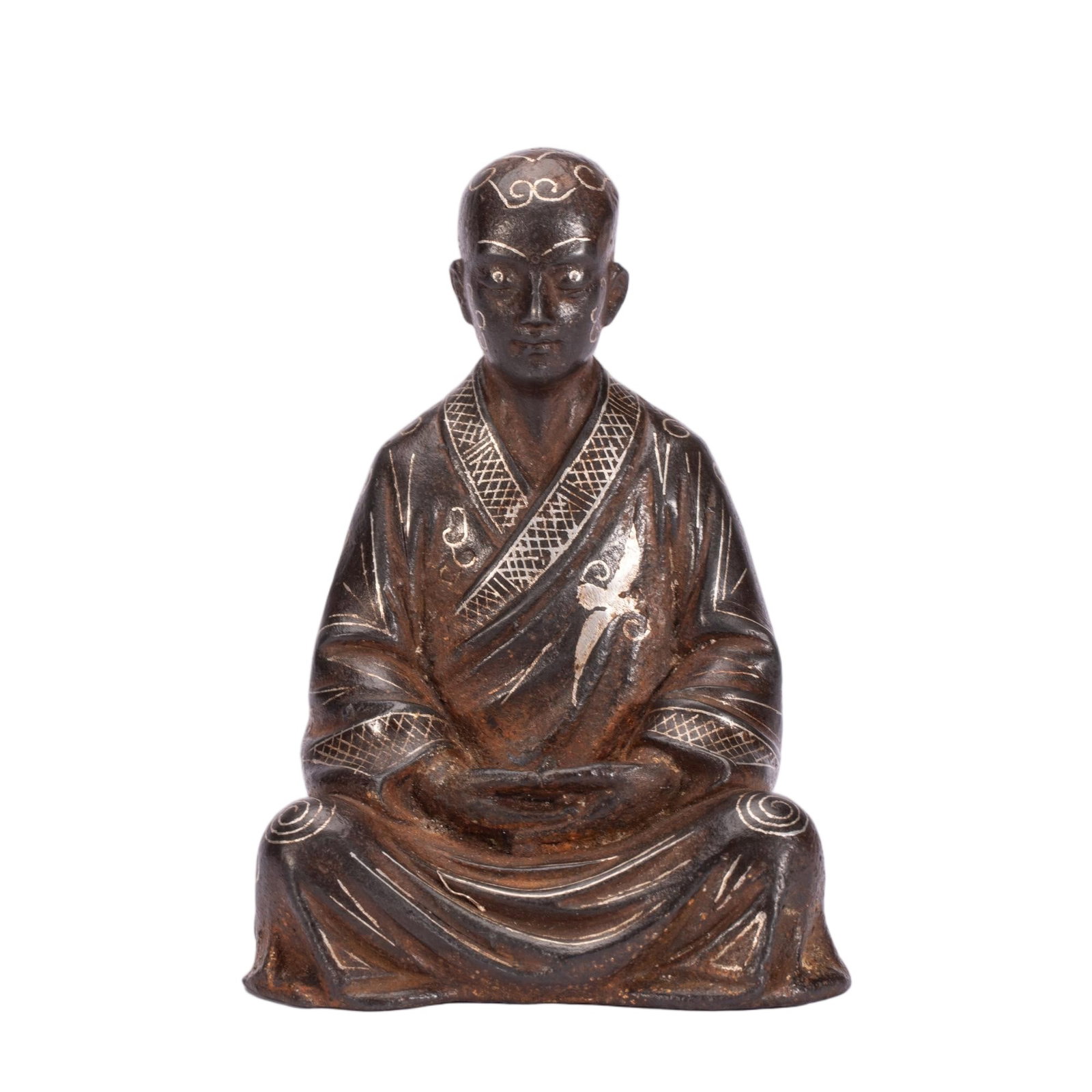 Chinese Silver-Inlaid Iron Seated Monk Figure (1 of 9)