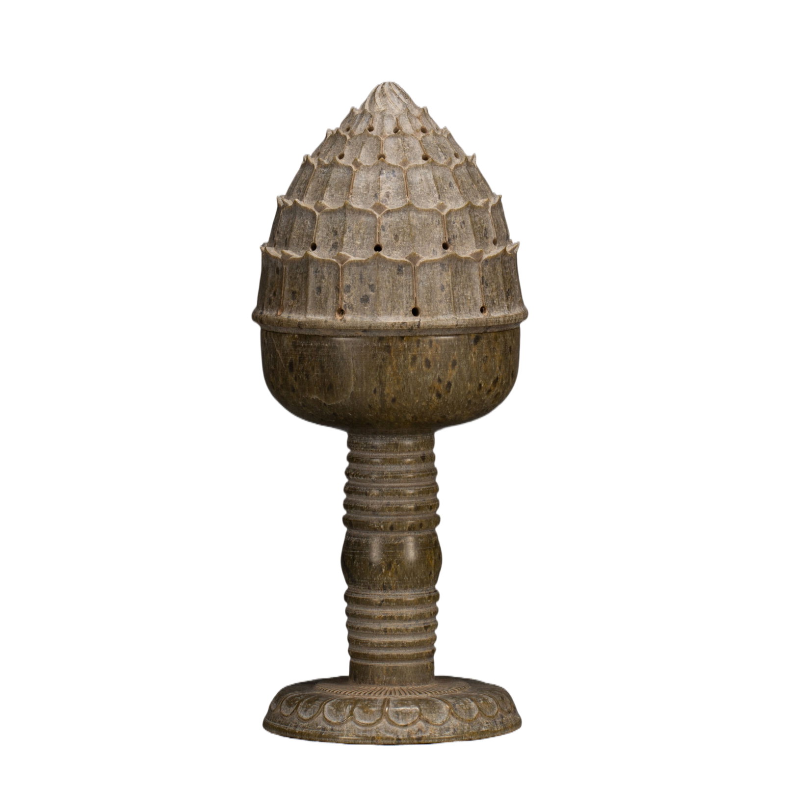 Chinese Carved Stone Lotus Censer: Chinese Carved Stone Lotus Censer A finely carved incense burner crafted from dark speckled stone, designed in the form of a lotus bud. The domed lid is pierced with numerous small holes and detailed 