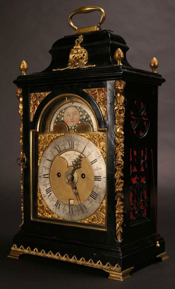 An 18th Century Ebonised Bracket Clock by James Sm: An 18th Century Ebonised Bracket Clock by James Smith of London, the 7 inch (18 cm) brass dial having a painted moon roller in the arch, silvered chapter ring enclosing a matted centre with alarum, ca