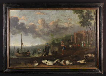 Cornelis Willaerts in the manner of Willem Ormea &: Cornelis Willaerts in the manner of Willem Ormea & Abraham Willaerts. A 17th Century Oil on Canvas: Coastal Scene with fisherfolk and beached catch on shore in foreground, signed C. Willaerts and date