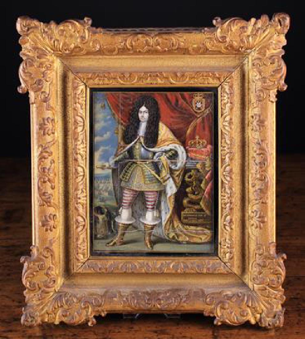 A Fine Quality Antique Portrait on Ivory painted in: A Fine Quality Antique Portrait on Ivory painted in intricate detail with a depiction of Pedro II of Portugal (reigned 1683-1706) dressed in finery with an elaborate wig, ermine lined cloak over embel