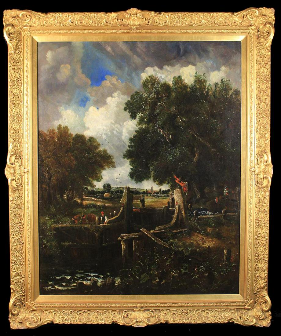 A Large Oil on Canvas after John Constable entitled: A Large Oil on Canvas after John Constable entitled 'The Lock', 50'' x 40'' (127 cm x 102 cm). Contained in a decorative swept gilt frame with elaborate moulding, 60½'' x 50½'' (154 cm x 128 cm).