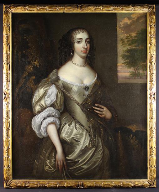 Studio of Adriaen Hanneman (1604-1671). A Fine Oi: Studio of Adriaen Hanneman (1604-1671). A Fine Oil on Canvas: Three-quarter Length Portrait of Mary Princess of Orange wearing pearl drop earrings & a necklace with fine pearl and jewel encrusted robe