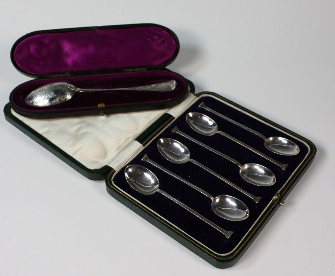 A Silver Engraved Spoon hallmarked London 1882, wi: A Silver Engraved Spoon hallmarked London 1882, with the makers punch Albert Hernu 6¼ ins (16 cms) in length. In the original velvet lined case. A Set of Six Silver Teaspoons hallmarked Sheffield 192