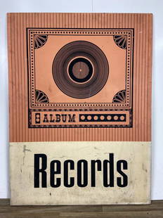 3x4' Vinyl Record 2-Sided Store Display Ad: 3' x 4'. Shows surface wear on both sides. Has the ability to be hung by two eye hooks. Printed in a hard composite wood material.