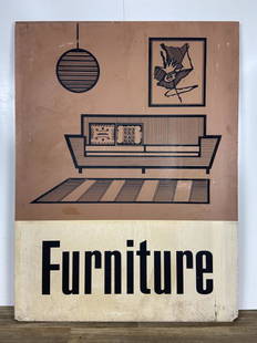 3x4' Mid-Century Furniture Store Display Ad: 3' x 4'. Printed on both sides. Shows surface wear on both sides. Has the ability to be hung by two eye hooks. Printed in a hard composite wood material.