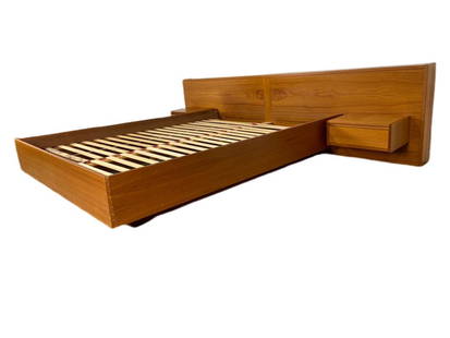 Sannemann Danish Teak Queen Platform Bed: Fits Mattress 60"x 80" (Queen)Headboard measures 110" Wide x 28.5" Height. Danish modern platform bed by Sannemann. A few mild surface blemishes. Small chip to the laminate on left side base of