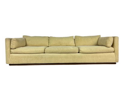 Mid-Century Milo Baughman Style Sofa: 98" W x 25" H x 33.5" D. Fabric shows some signs of wear and could use a cleaning. Wooden base has some wear near the edges.