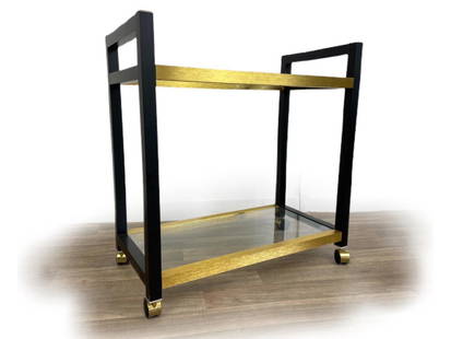 MCM Style Gold & Black Bar Cart: 28.5" W x 14.75" D x 29.5" H. Metal frame with removable glass shelves. Mild surface.