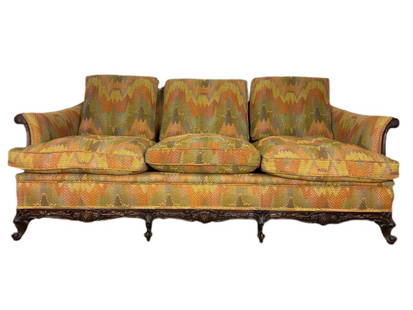 Louis XV Style Upholstered Sofa: 75" W x 32" D x 34" H. Seat height 18". Good condition with mild wear.