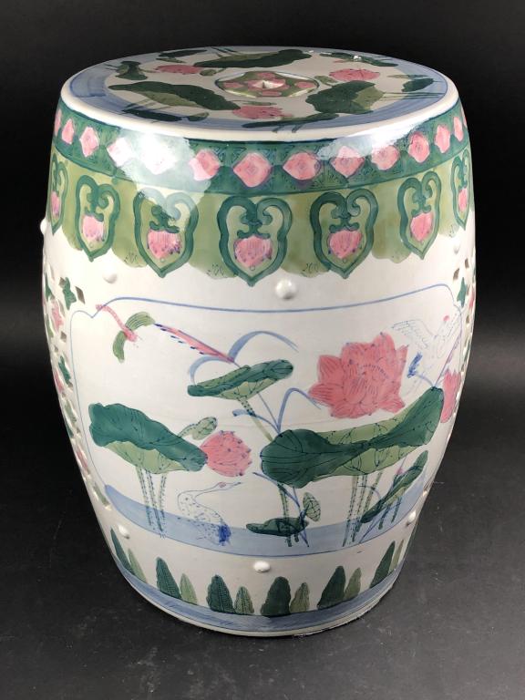 Chinese Porcelain Garden Stool 17.25" H: No chips or cracks. 17.25" H x 12.5" diam.