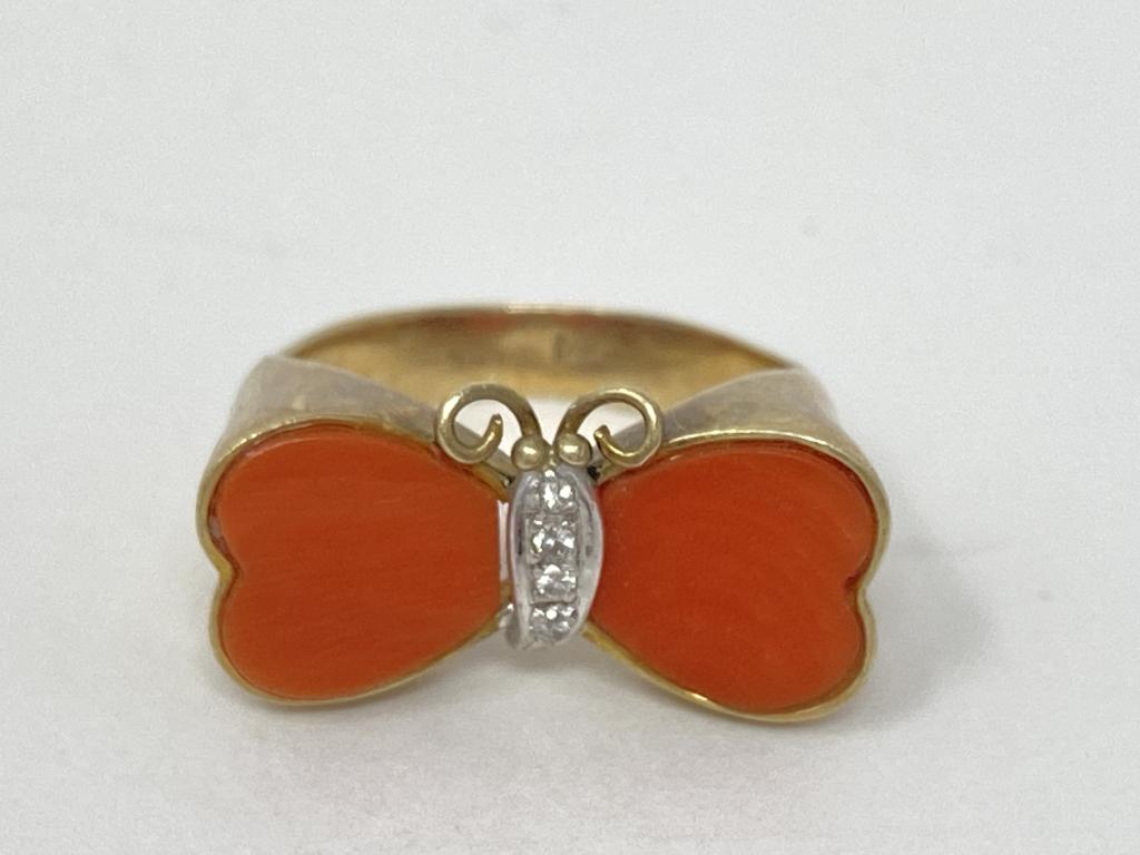 14K Gold, Diamond & Coral Butterfly Ring (1 of 8)