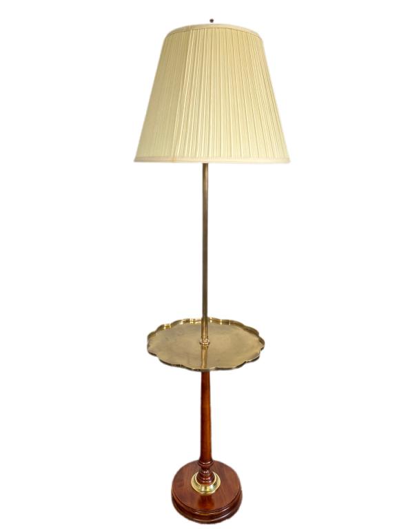 Frederick Cooper Etched Brass Table Floor Lamp: 54" H. 14" Diameter scalloped brass table. Mild scuffing to wood. Mild patina to brass
