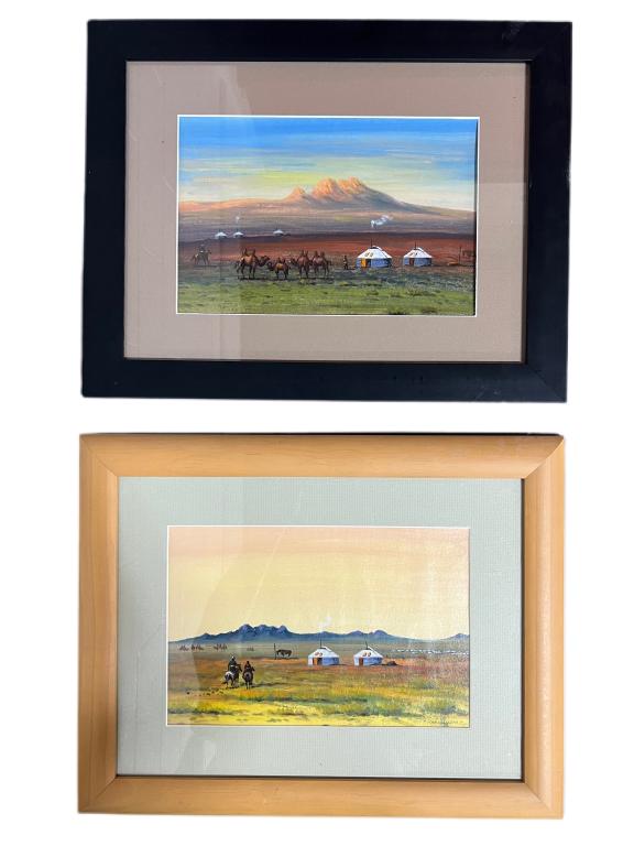 Pair of T. Narmandakh Mongolian Paintings: Tan Frame dimensions 19" x 15". Inside matte 11.5" x 7.75". Black frame dimensions 18.75" x 14.75". Inside matte 11.5" x 7.5"