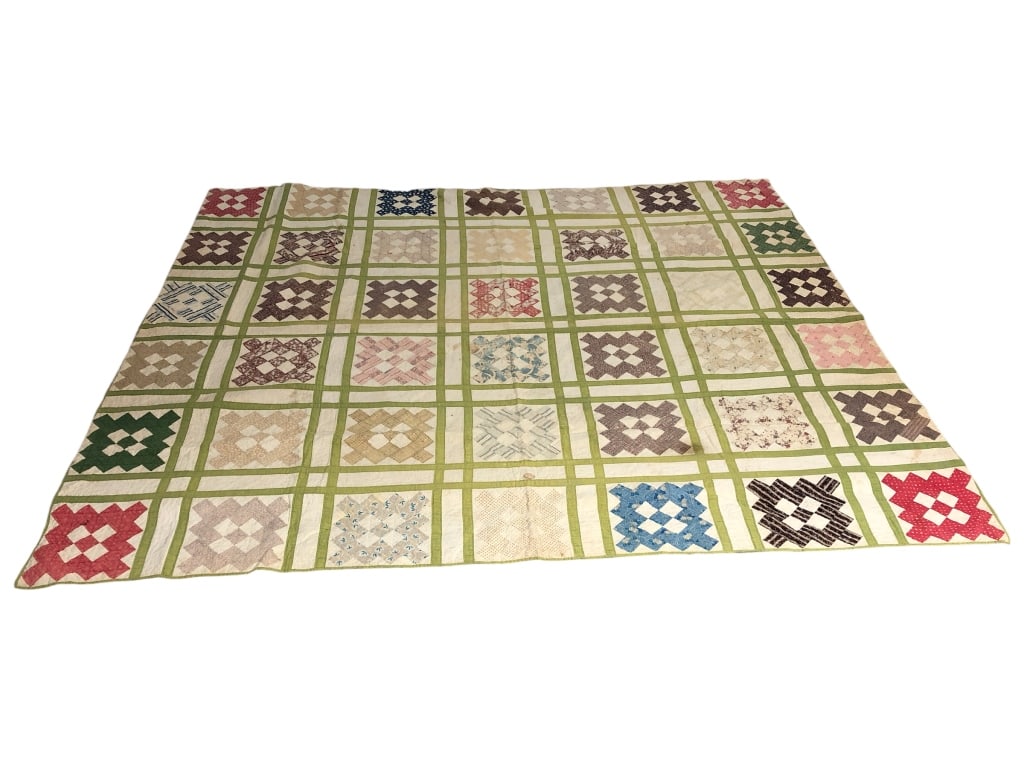 Vintage Quilt: Shows some staining and wear. 81 inches x 85 inches (L7)