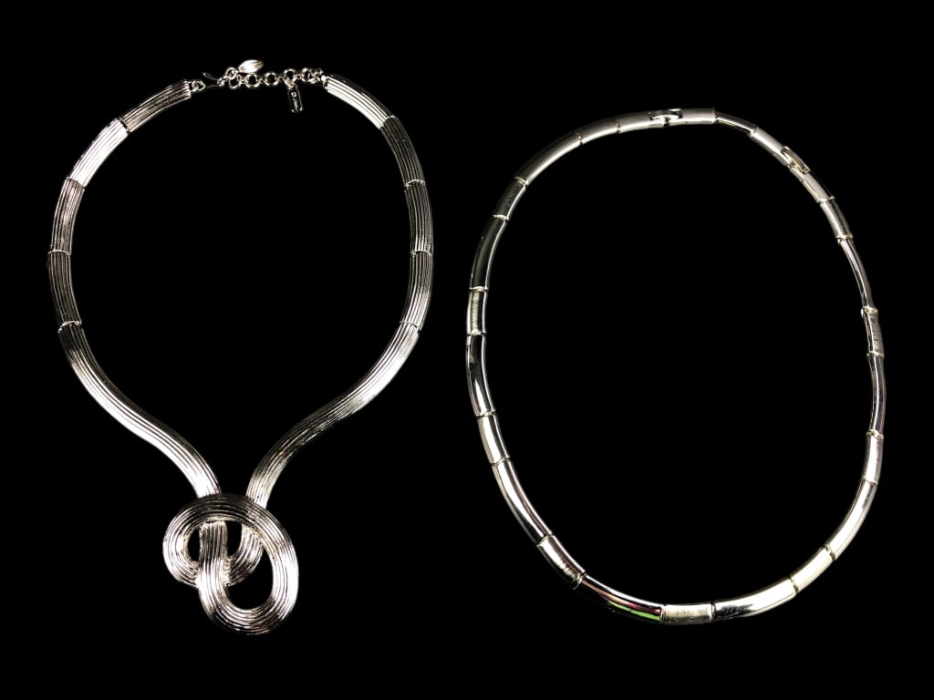 Pair of Silvertone Monet Choker Necklaces: Both marked Monet.