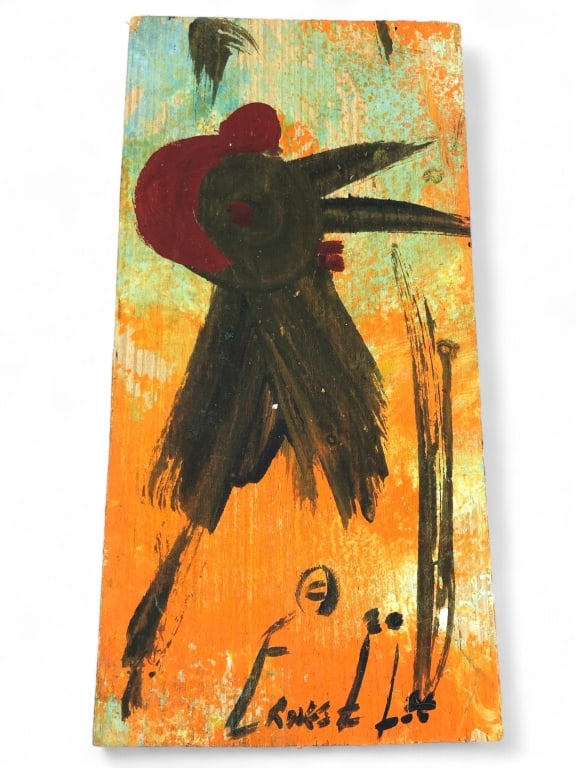 Ernest Lee "Chicken Man" Folk Art Painting: Original painting on wooden panel. 10" x 5".