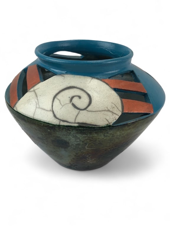 Signed Raku / Glaze / Paint Studio Pottery Vase: Signed on base. 5.75" H x 7.5" W. Hairline fractures visible on the inside of vase, possibly from firing.