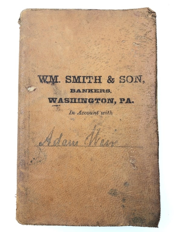 Antique Accounting Log W.M. Smith & Son, Bankers: 1st entry is from 1881. Washington County, PA. Many pages show minor wear.
