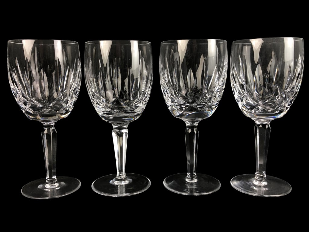 (4) Waterford "Kildare" Red Wine Stem Glasses: 7" H. Fleabite chip on the edge of the base of one glass. All signed Waterford.
