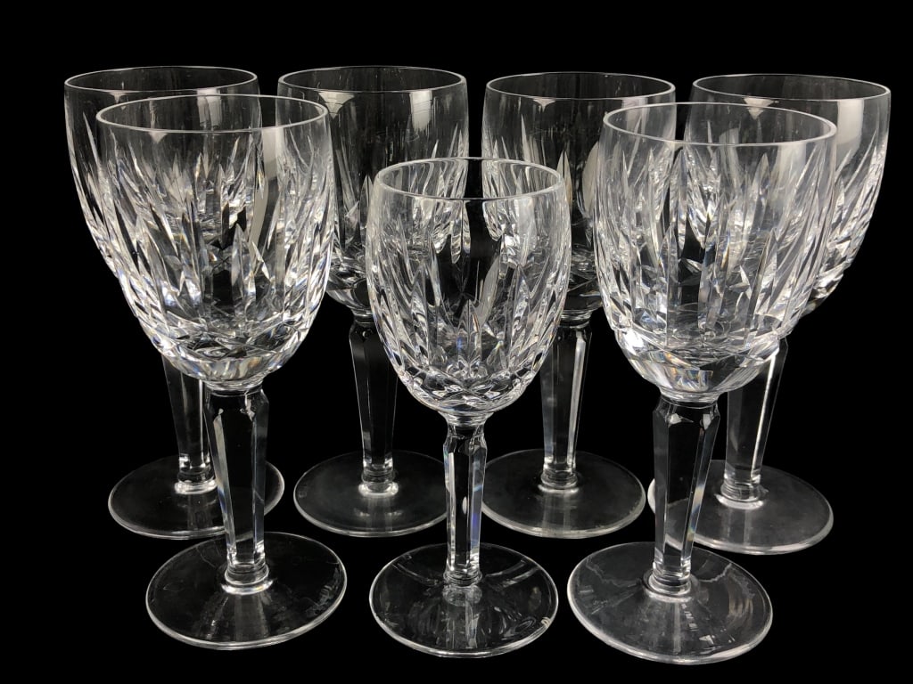 (7) 6 Waterford "Kildare" White Wine & 1 Sherry: 6x White wine glasses (6.5" h) & 1x Sherry glass (6"h).