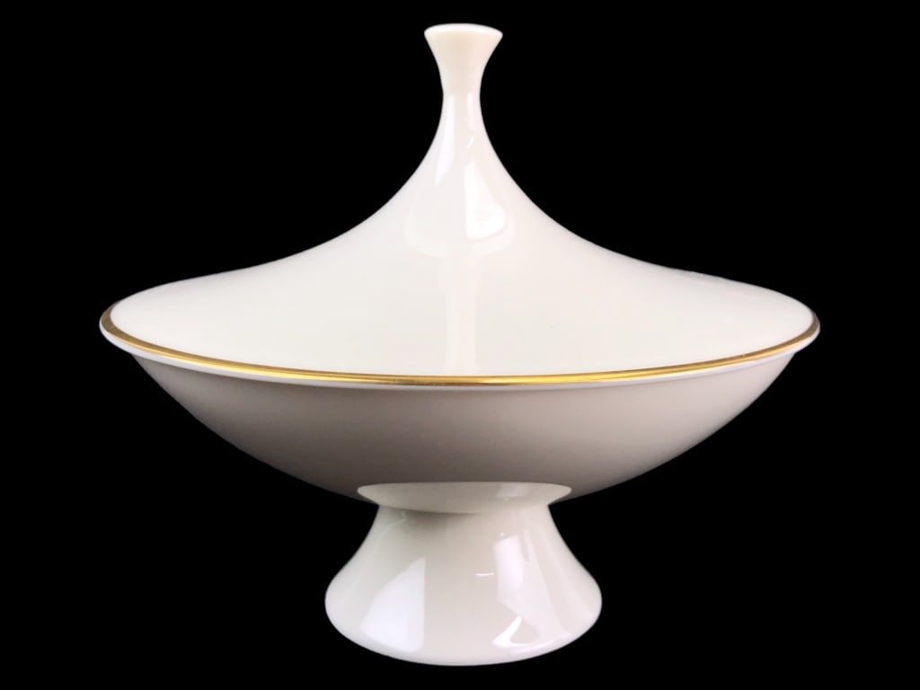 LENOX Mcm Style Lidded Serving Dish: 6.5" H x 7.5" diameter.